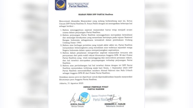 Siaran pers dari DPP Partai Nasdem. [Istimewa]